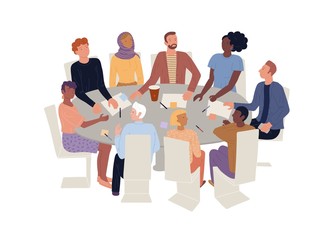 Men, woman of different ages, nationalities sitting at round desk. Group therapy, personal growth training, brainstorming meeting, negotiation, conference, english speaking club vector illustration.
