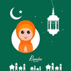 flat illustration ramadan background with ramadan kareem cartoon character design
