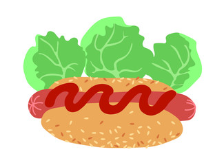 hot dog with salad leaves, red ketchup & sesame, american fast food, for logo, poster, menu decoration, color vector illustration isolated on a white background in cartoon, flat & hand drawn style