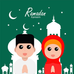 flat illustration ramadan background with ramadan kareem cartoon character design