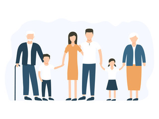 Big family standing together vector stock illustration isolated on white background. Grandmother, grandfather, mother, father and children happy characters in group.