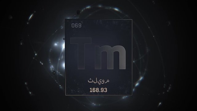 Thulium as Element 69 of the Periodic Table. Seamlessly looping 3D animation on silver illuminated atom design background orbiting electrons name, atomic weight element number in Arabic language