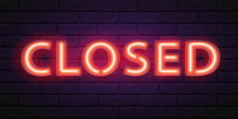 Obraz na płótnie Canvas CLOSED sign with red neon glow on brick wall background. Vector 3D illustration with typography. Lettering for design sign on door of shop, cafe, bar or restaurant, banner, web.