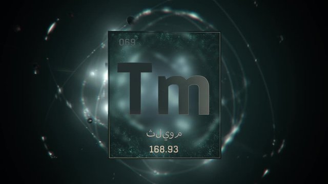Thulium as Element 69 of the Periodic Table. Seamlessly looping 3D animation on green illuminated atom design background orbiting electrons name, atomic weight element number in Arabic language