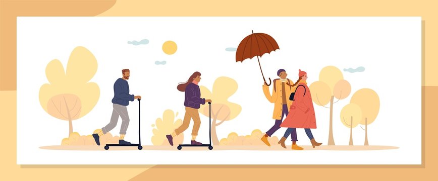 Active autumn season people walk in natural park. Multiethnic married family couple going by foot under umbrella. Young man woman moving by kick scooter ecological transport. Warm clothes, raincoat