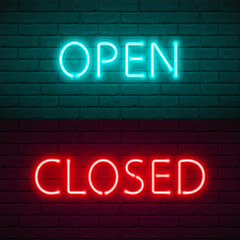 Fototapeta na wymiar OPEN CLOSED lettering with bright neon glow on dark brick wall background. Vector Illustration typography for sign door of shop, cafe, bar or restaurant, night club. Quarantine closure information.