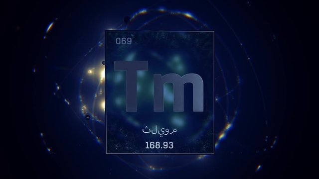 Thulium as Element 69 of the Periodic Table. Seamlessly looping 3D animation on blue illuminated atom design background orbiting electrons name, atomic weight element number in Arabic language