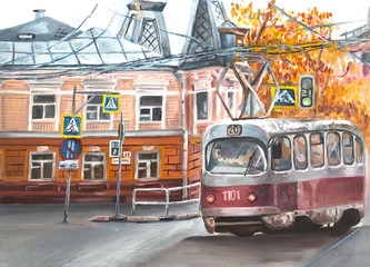 Fototapeta premium Old tram, oil paintings landscape, city. Fine art. Autimn in the city.