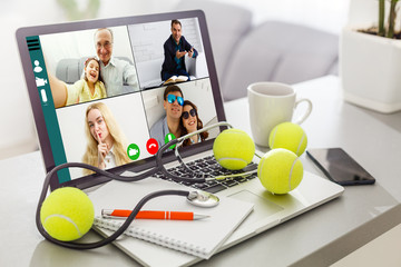 Team working by group video call share ideas brainstorming negotiating use video conference, pc screen view six multi ethnic young people, application advertisement easy and comfortable usage concept