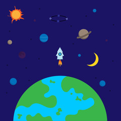 A drawing of a spaceship above planet Earth. Space background. Vector