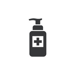 Medical disinfectant bottle, hygienic sanitizer antibacterial gel black isolated vector icon.