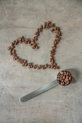 Coffee beans on metal spoon on a grey background. Coffee beans heart