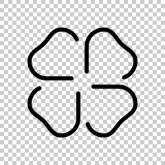 Four leaf clover, St Patricks Day sign, outline design. Black symbol on transparent background