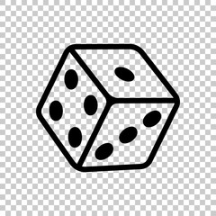Dice cube, casino game. Black symbol on transparent background