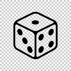 Dice cube, casino game. Black symbol on transparent background