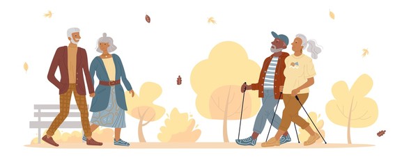 Old mature people couple walking in autumn park. Aged married man woman doing sport nordic walk. Fashion senior gentleman lady going holding hand together. Training for pensioners. Elderly recreation