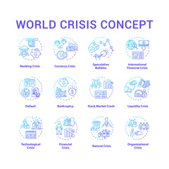 World crisis concept icons set. International disaster situation, emergency event with global negative changes idea thin line RGB color illustrations. Vector isolated outline drawings