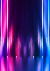 Empty dark abstract background. Background of empty show scene. Glow of neon lights and neon figures on an empty concert stage. Reflection of light on the pavement.