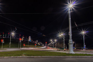 Long exposure night road. Mogilev, Belarus
