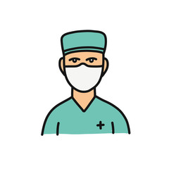 doctor with medical mask avatar doodle icon, vector illustration