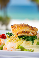 Grilled Grouper with Shrimp over Spinach and Mash