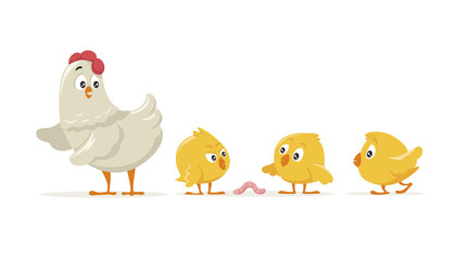 Cartoon mother hen and three yellow little chick isolated on white background. Colorful chicken family playing with worm vector graphic illustration. Cute playful farm animal or bird
