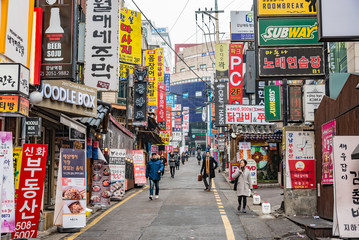 Neon lights in the night of the city of Seoul in South Korea
