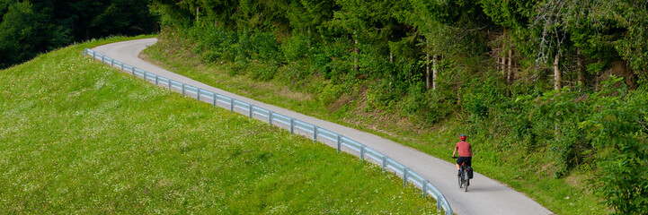 Traveling cyclist on cycle route in forest, banner