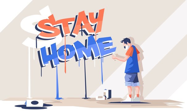 Graffiti vector illustration with quote "stay shome" lettering. graffiti artist painting on the wall . The concept of quarantine and home stay. Stop the coronavirus epidemic and stay home. covid-19.
