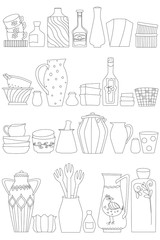 outlined collection of cute utensils. rows of bottles, mugs, cup
