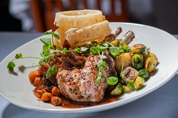 Double Cut Pork Chop and Brussels