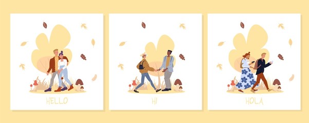 Young people in forest on greeting creative card set. Girlfriend boyfriend couple meeting. Man woman on first romantic date. Teenager boy girl friends networking via phone. Relationship, communication © VectorSpace