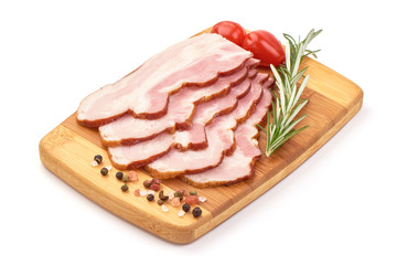 Pork brisket slices, smoked meat, isolated on white background