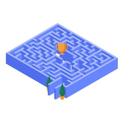 Cartoon colorful maze with enter and award cup at center 3d isometric isolated on white background. Entangled empty labyrinth geometric jigsaw vector graphic illustration. Find exit game