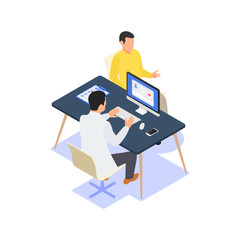 A doctor consults a patient in his office at his desk.