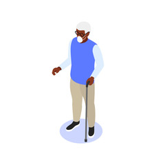 Elderly man in a medical mask with a cane on a white background.