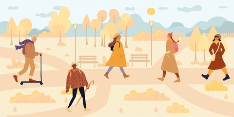 People walk along in autumn park. Man woman wearing warm clothes, hat, scarf holding umbrella, riding push kick scooter. Citizens enjoy open air activities in city recreation area. Fall season nature