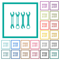 Set of wrenches flat color icons with quadrant frames