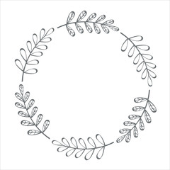 vector hand drawn floral wreath, round frame with leaves, decorative design element, stock illustration