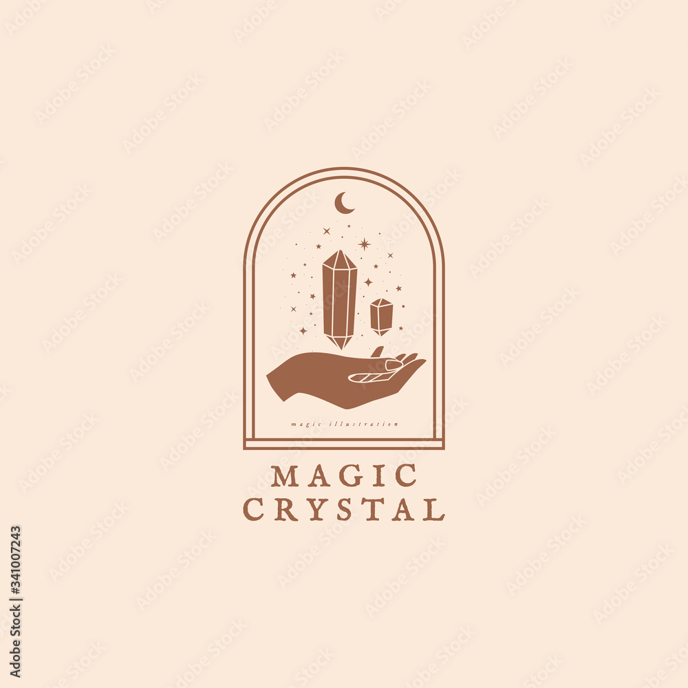 Aufkleber logo template with magic shining crystals in trendy minimalist style. magic stone quartz sparkles an