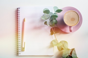 Empty notebook eucalyptus flowers, cup of coffee. Mockup notepad on white background. Still life. Spring romantic mood. Colorful lightTop view. Copy space