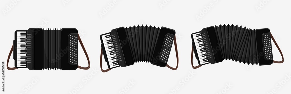 Poster set of cartoon classical accordion musical instrument with button and keyboard isolated on white. co