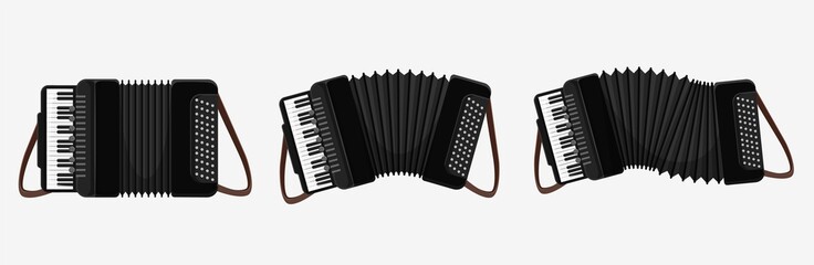 Set of cartoon classical accordion musical instrument with button and keyboard isolated on white. Collection of black and white play music equipment different condition vector graphic illustration