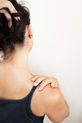 The picture shows the pain and fatigue in the neck and shoulder muscles of women.