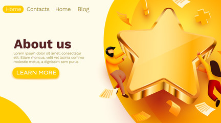 People flying around golden giant star. Rate, quality or feedback concept. Web site template.