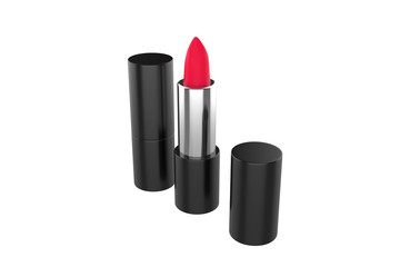 Realistic lipstick in glossy black packaging. Isolated on white background. 3d illustration.