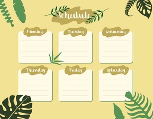 Cartoon schedule template with botanical design and place for text vector flat illustration. Colored calendar desk with tropical plants leaves. Daily week planner with greenery foliage and inscription