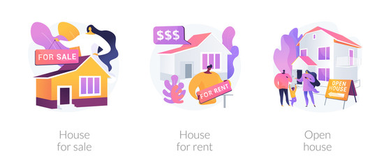 Obraz premium Real estate agent service abstract concept vector illustration set. House for sale and for rent, open house, best deal, booking, residential and commercial property, mortgage broker abstract metaphor.