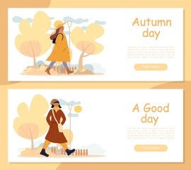 Good autumn day. Active fashionable young adult woman warmly clothed walking enjoy calm fall weather in park. Delight people. Outdoor recreation healthy lifestyle. Natural landscape. Header banner set