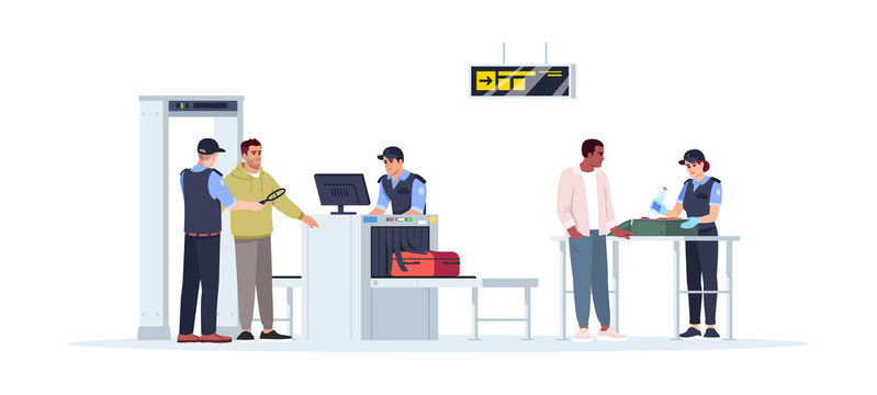 Check Before Boarding Plane Semi Flat RGB Color Vector Illustration. Security Border Control. Checked Baggage On Conveyor. Airport Staff Isolated Cartoon Characters On White Background